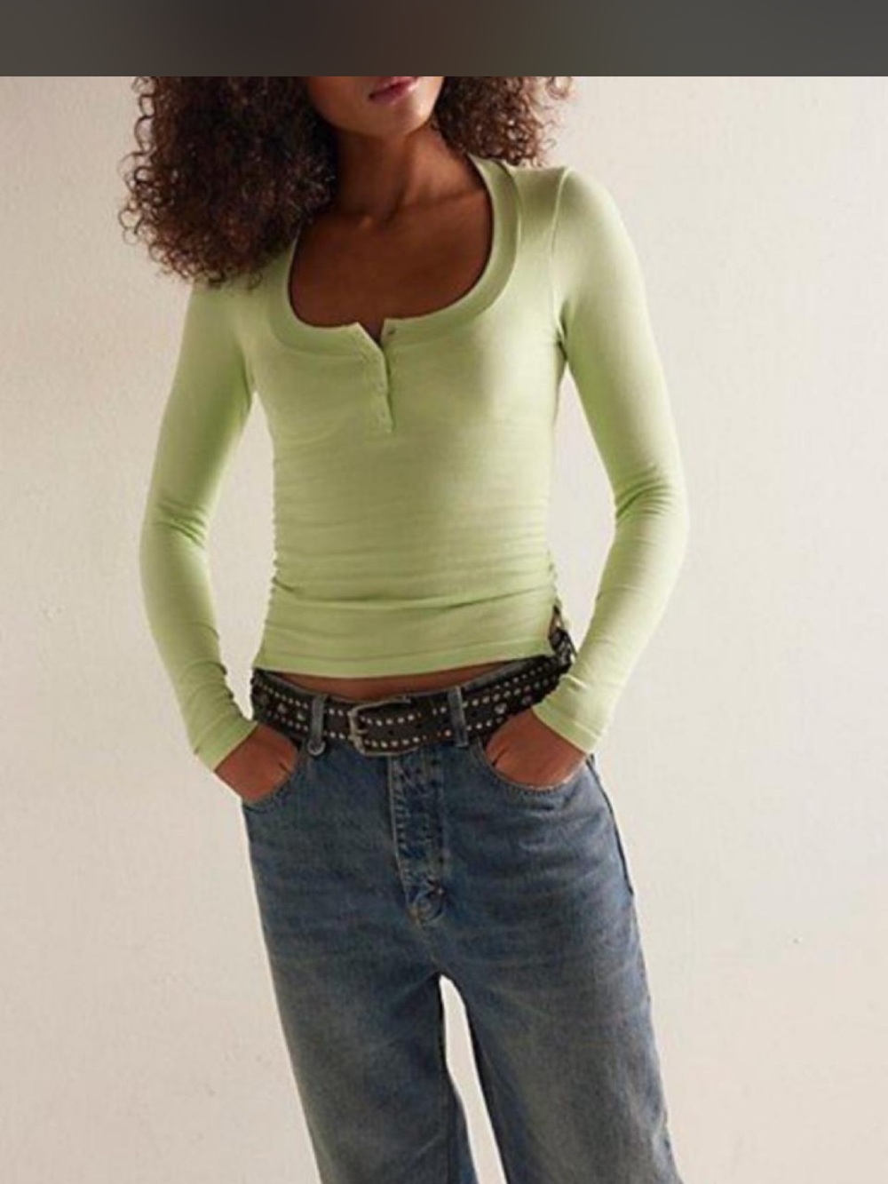 Long Sleeve Scoop Henley Top - Light Green
